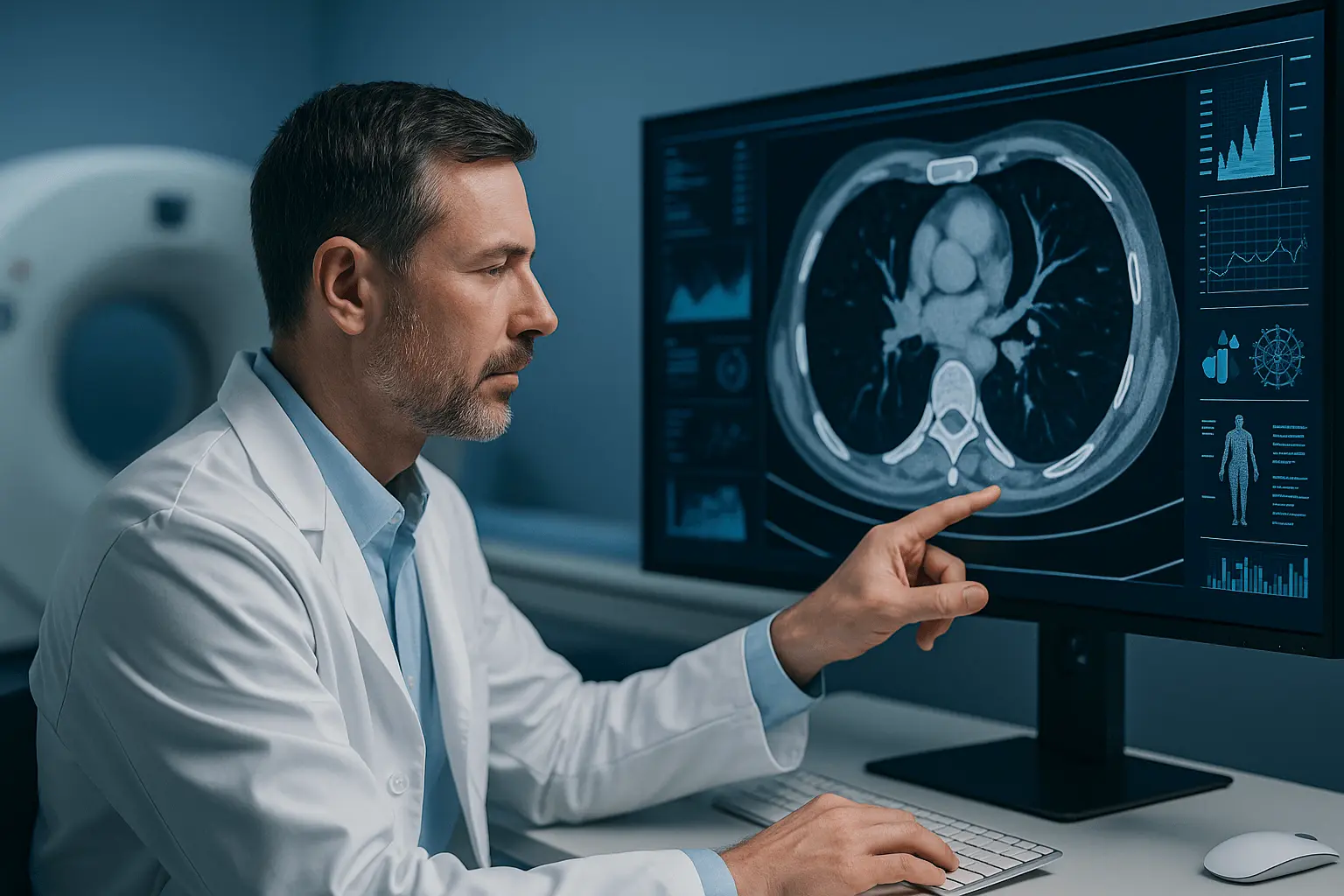 Profissional de radiologia analisando imagens médicas em uma estação de trabalho