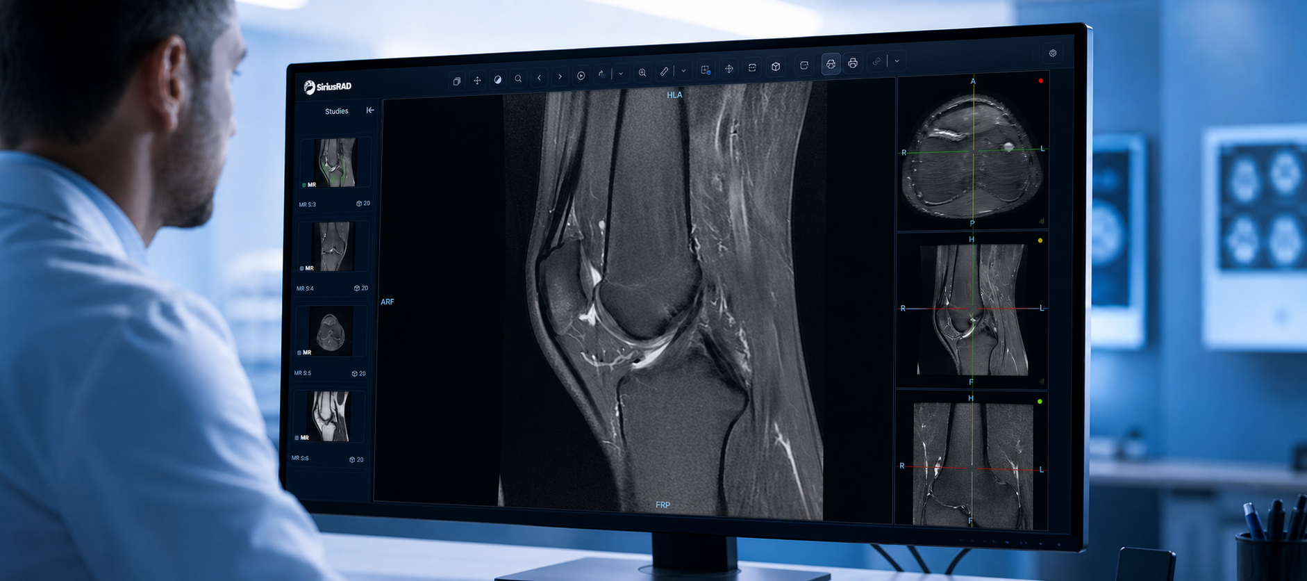 Radiologista analisando imagens de ressonância magnética do joelho na platform SiriusRAD