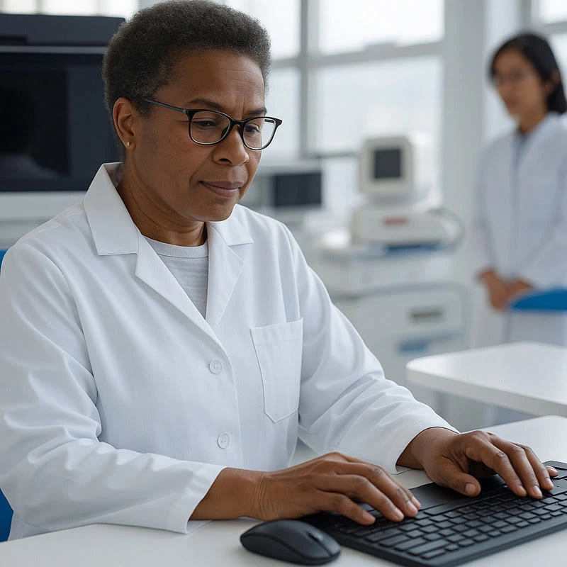 Médica analisando imagem no tablet